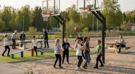 Moision koulun pihalle koripallokorit ja harrastusvälineitä